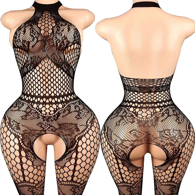 Sexy Crotchless Lingerie For Women Fishnet Teddy Bra Set Erotic Costumes Stretch Mesh Hollow Bodystockings Female Underwear Sets