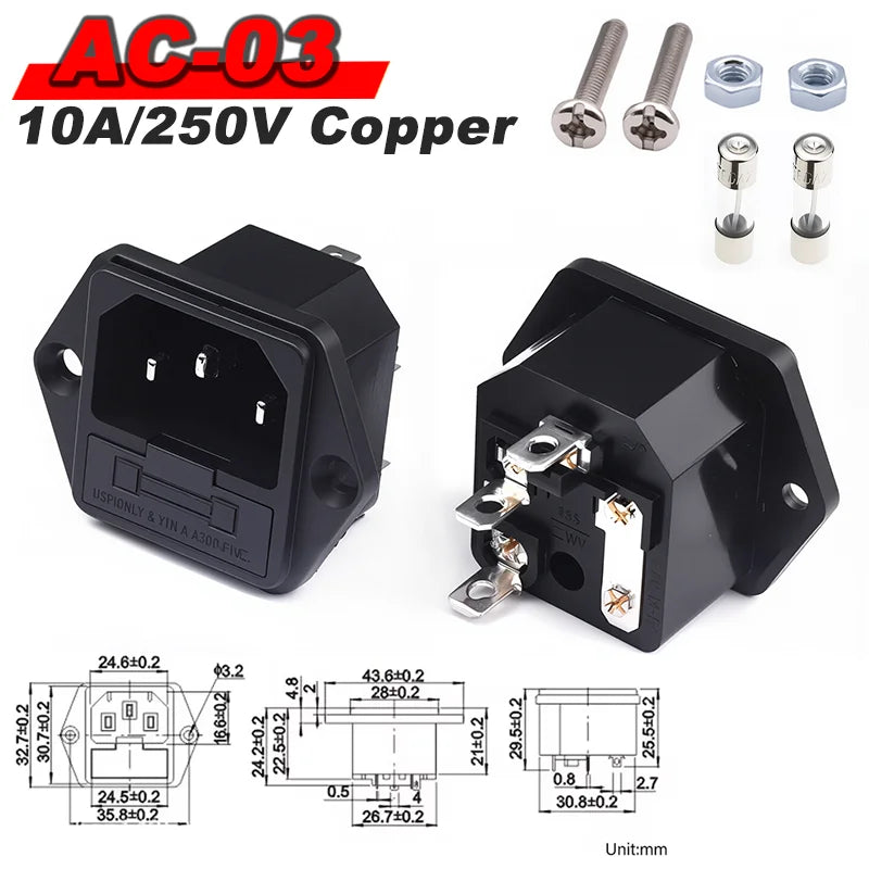 IEC 320 C13 C14 AC Inlet Power Plug Socket 250V 10A Fuse Red Lamp Rocker Switch Rewirable 3Pin Electrical Male Female Connector