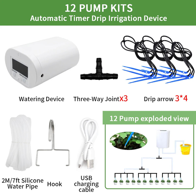 Automatic Plant Flower Watering Pump Home Sprinkler Drip Irrigation Device 2/4/8/16 Heads Pump Timer System Kit Garden Tool