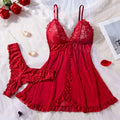 Sexy Lace Lingerie Set for Women, Red Sleepwear Nightdress with Matching Panties, V-Neck Sheer Lace Camisole, Romantic Night