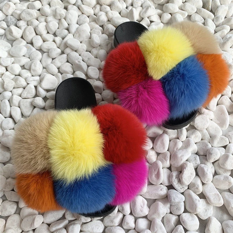 Fur Slides Factory Supply Mixed Color Pom Pom Six Balls Fox Fur Multi-Color Fluffy Fur Slippers For Women