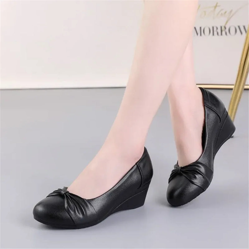 cresfimix women fashion sweet light weight black spring comfort slip on wedge heel shoes lady cool black leather heel shoe ab619