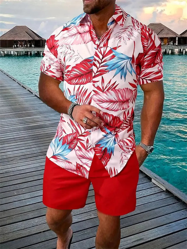Men's Shirt Shorts Set Two Piece 3D Leaf Print Sleeve | SAMAG