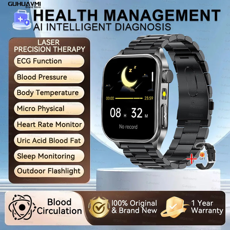 Health managed Non-Invasive Laser Physiotherapy Smart Watch Blood Pressure Uric Acid Call ECG+PPG 650nm Laser Smart Watch 2026