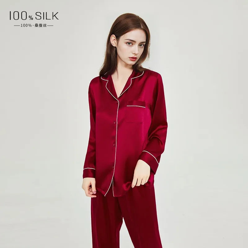 2025 Summer New Silk Pajamas Women's Long Sleeve Pants Lapel 100% Mulberry Silk Cool Home Clothes Set Pajamas Nightwear