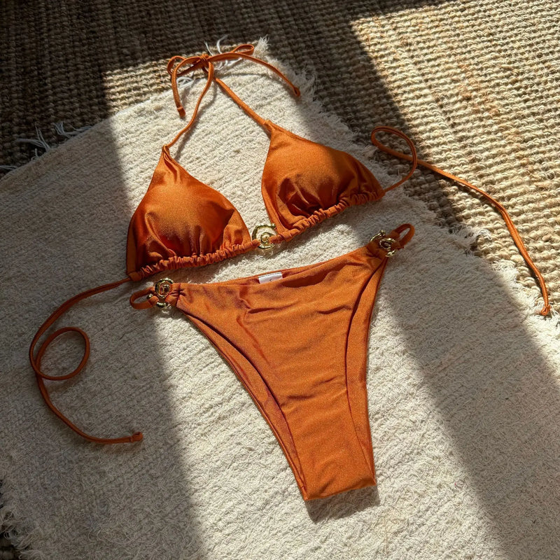 Sexy glitter metal halter tie bikinis sets two pieces | SAMAG