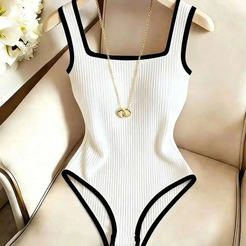 3pcs Women's Ribbed Bodysuit Set Fashionable Black Piped Square Neck Waist-Cinching Style Summer Nightlife Wear Elegant Beach Ou