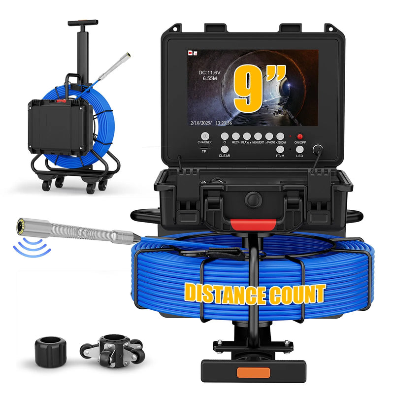 7mm 9" Pipe Inspection Camera with Trolley Pull Rod IP68 Sewer Pipeline Industrial Endoscope 512HZ Self-leveling Meter Counter