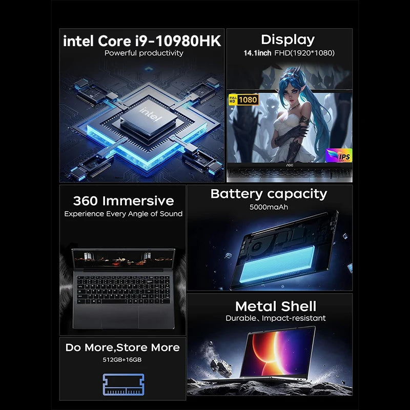 2026 Intel Core I9 10980HK Windows 11 Laptop Gamer 14.1inch RAM 16GB SSD 1TB Gaming Laptops Office Study HD PC Notebook Portable