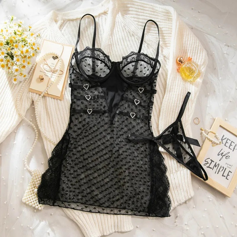 Lace Babydoll Lingerie Dress Women Underwire Cups Heart Print Mesh Sheer Thong Set Underwear Set Nightwear Set Special Occasion