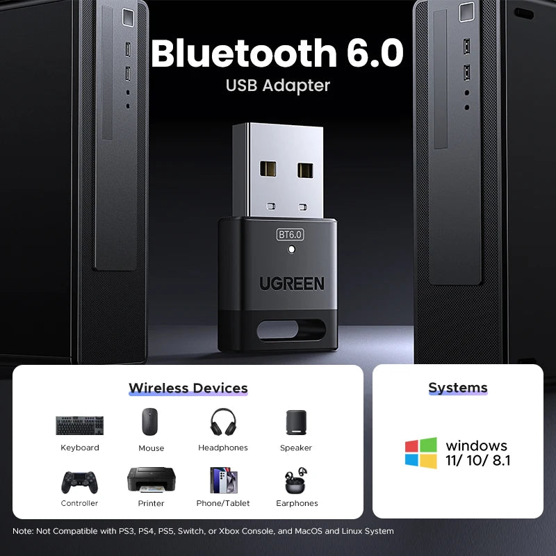 USB Bluetooth Adapter, 6.0 Dongle for PC Windows 11/10/8.1, Receiver & Transmitter for Keyboard/Mouse - Visuel 2 | SAMAG