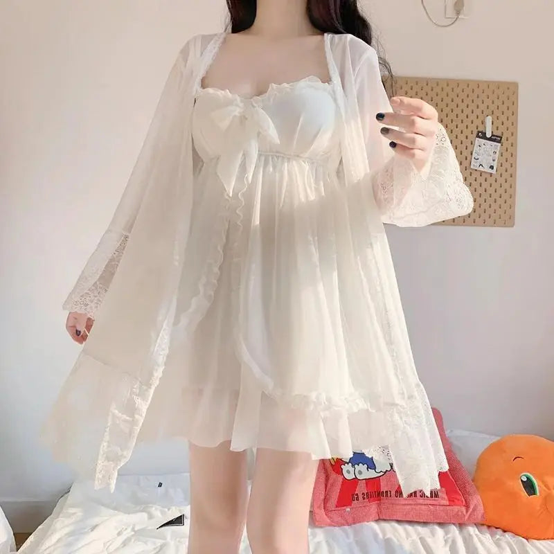 Elegant Sweet Simple Solid White Women Robe Gown Sets | SAMAG