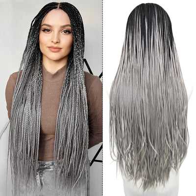Ombre Grey Box Braided Wigs Braids For Black Women 26Inch Long Crochet Braids Synthetic Hair Wig Dark Roots 13x3 Lace Front Wig