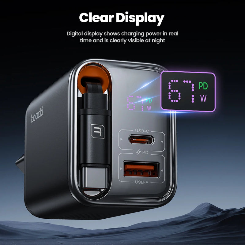 Toocki 67W GaN Charger With Retractable Type-C Cable Digital Display PPS PD3.0 Fast Charger for iPhone 17 16 Samsung S25 S24