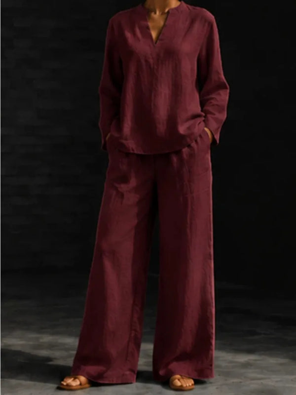 Women 2‑Piece Matching Outfit Long Sleeve Button Shirt High Waist Wide Leg Pant Loose Vacation Street Daily Wear Suit For Ladies