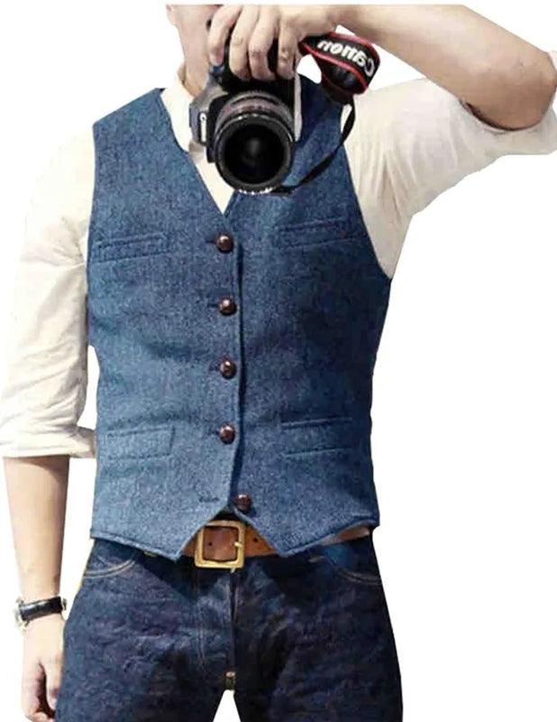 Men's Suit Vest V Neck Wool Herringbone Tweed Casual Waistcoat Formal Business Vest Groomman