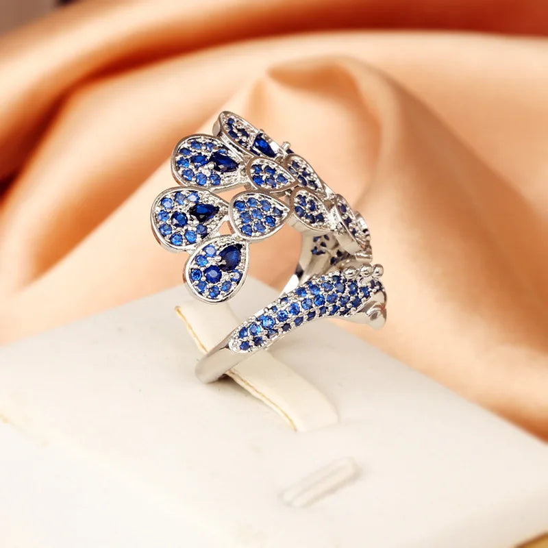 Creative Peacock 925 Silver Plated Ring for Women Bright Blue AAAA Zircon Open Adjustable Jewelry Silver Jewelry Wedding Ring