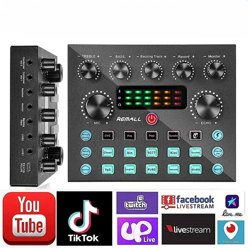 Live Sound Card V8S Audio USB External Sound Card Bluetooth Microphone Mixer Voice Changer Live Streaming Audio Sound Mixer