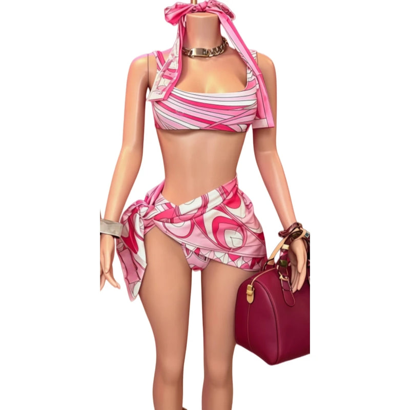 HLJ Sexy Women Pink Abstract Print One Piece Swimsuit | SAMAG
