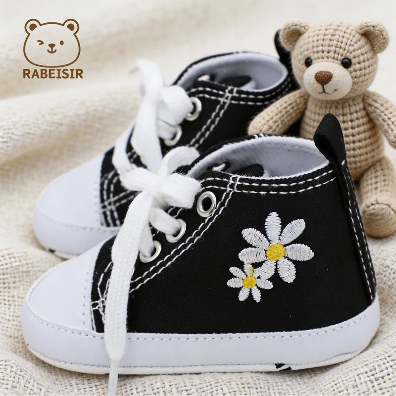 Trendy Cute Embroidered Daisy Sneakers For Baby Girls, Lightweight Non Slip Shoes For Indoor Outdoor Walking, All Seasons