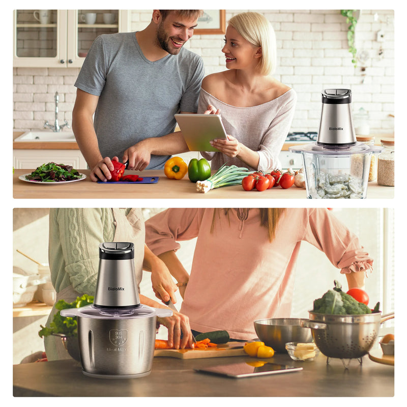BioloMix Mini Electric Food Chopper 300W Food Processors with 2 Bowls, Meat Grinder 4 Bi-Level Blades, for Baby Food, Meat, Onio