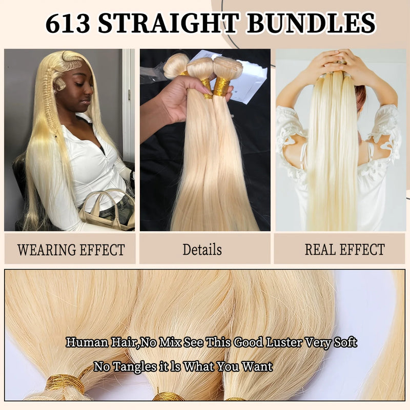 613 Bundles Blonde Bundles Human Hair 24 26 28 30 Inch 613 Straight Hair 1/3/4 Bundle 12A Unprocessed Vietnamese Virgin Hair