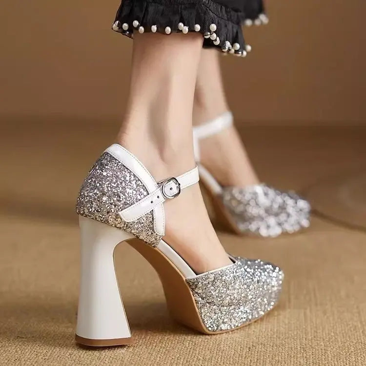 Aphixta Elegant Woman High Heel Pumps Seuined Cloth Upper Bling Party Shoes for Woman Silver Women's Pumps and Heels