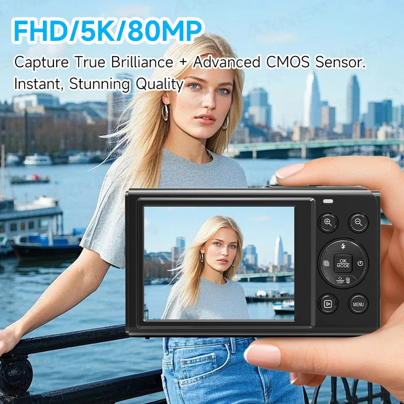 5K Digital Camera 8000W Pixel Retro CCD Dual Screen Photographic Cameras 80MP Vlog Cam with Auto Focus Smile Detection 18x Zoom