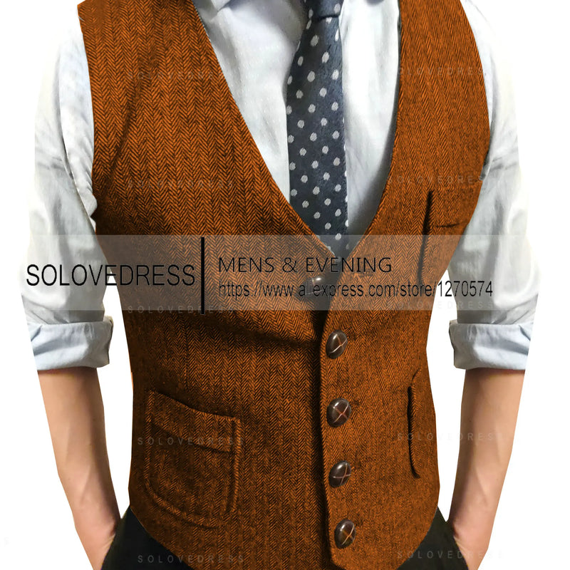 Men's Suit Vest V Neck Notched Lapel Slim Fit Leisure Wool Herringbone Tweed Vest Men for Wedding Groomsmen Mens Waistcoat Vest
