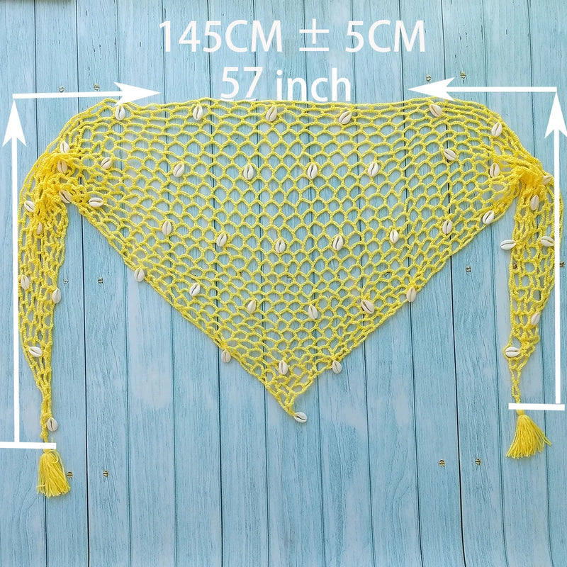 Women Triangle Shawl With Seashell Sexy Bikini Cover Up Sunscreen Nets Skirt Mesh Tunic Pareo Beachwear