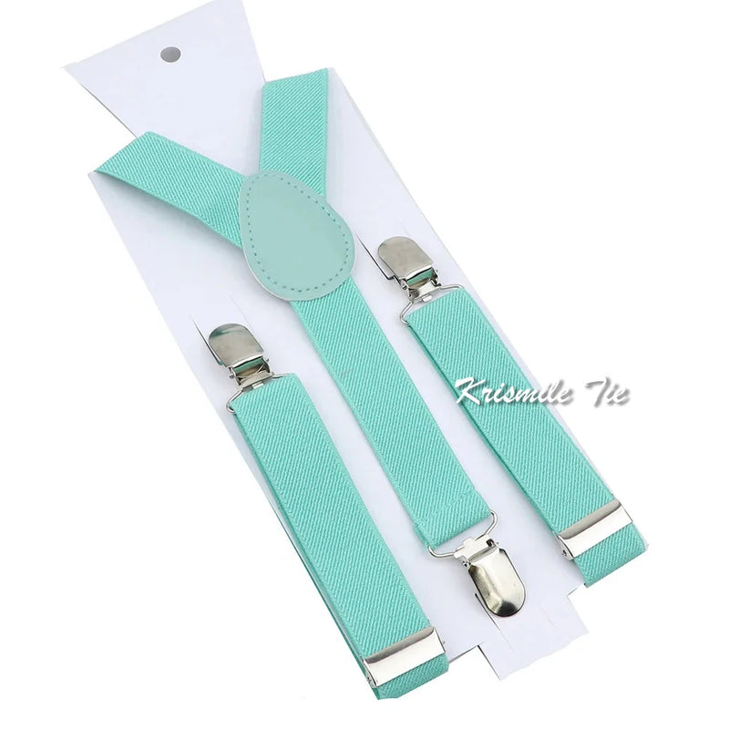 Fashion Men Kids Turquoise Green Suspender Bowtie Sets Elastic Solid Color Y - back Straps Butterfly - Visuel 29 | SAMAG