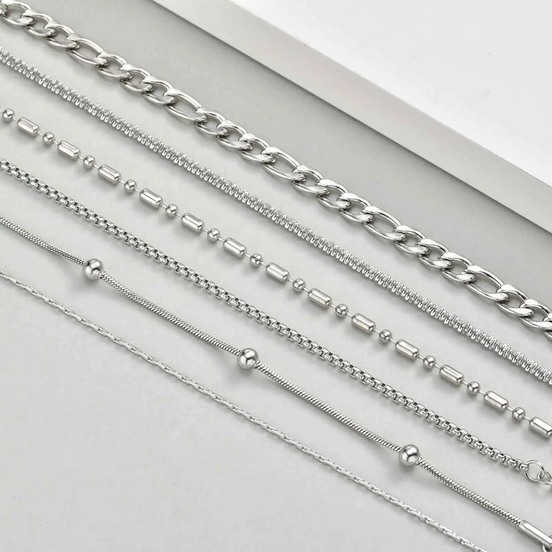 Goxygen Dainty Silver Color Stackable Bracelet Stainless Steel Beads Thin Chain for Women Men Jewelry Sets Gifts