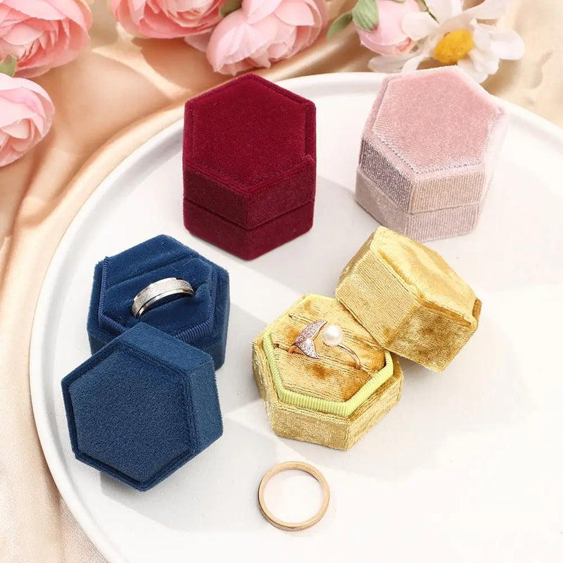 Hexagon Shape Velvet Jewelry Box Double Ring Storage Box Woman Gift Earrings Package Case Wedding Ring Display Packaging Box