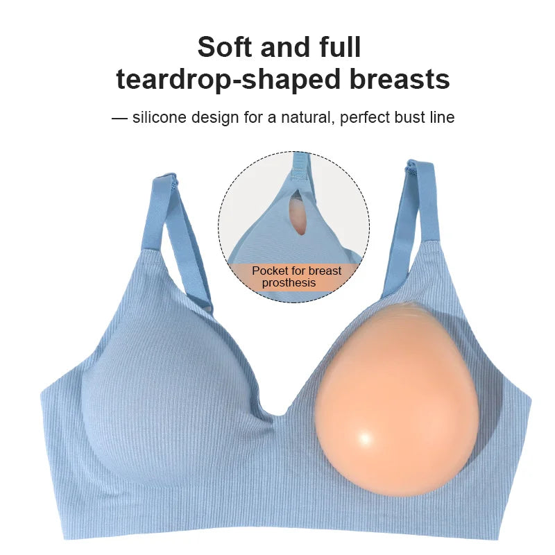 Silicone Breast Mastectomy Bra with Breast Prosthesis Wireless Post-Surgery Pocket Bra for Breast Forms