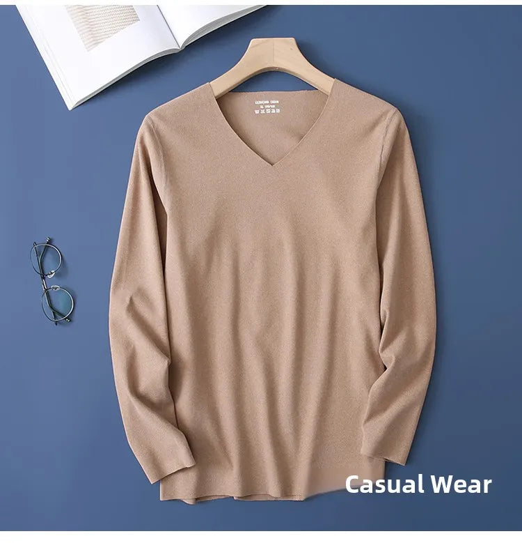 Double-Sided Deroing Men's Long Sleeve V-Neck Thermal Top Seamless Comfortable Cotton Knitted Base Layer Shirt Casual Fashion