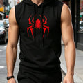 Men's Black Sleeveless Hooded Vest Spider Print Gym Tank Breathable Spring Summer Workout Casual Fitness Sportswear