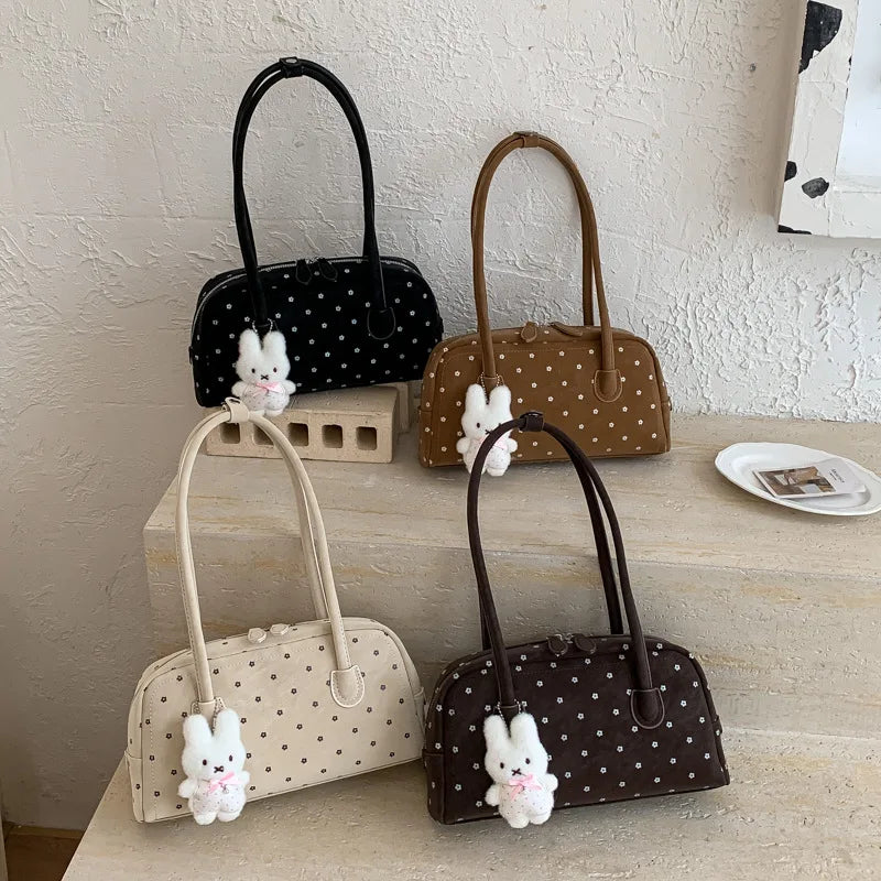 Fashion Polka Dot Printed Shoulder Bag Retro Matte PU Boston Bag Exquisite Versatile Commuter Underarm Bowling Bag Women Handbag