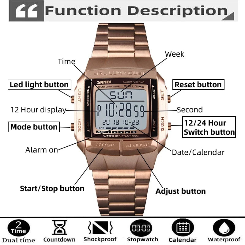 Skmei Men's Digital Sport's Watches Stainless Steel Strap 5 Alarm Clock Waterproof Led Chronograph Fashion Male Dual Time