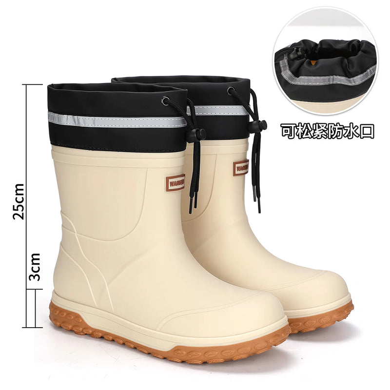 Men's Fashion Rain Boots High Quality Anti-Slip Waterproof Shoes Thick Bottom Wear-Resistant Outdoor Drawstring Work Rubber Shoe