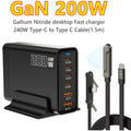 200W Desktop USB C Quick Charger GaN PD Fast Charger 6 Port Mobile Charging Adapter For Laptop iPhone 17 16 15 Samsung Xiaomi
