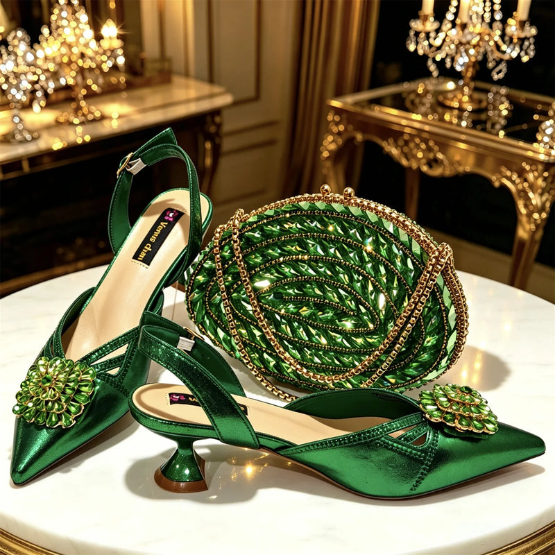 2026 Italian Peach Gold Rhinestone HAND CRAFTED UPPER Pointed Toe Women High Heels Shoes and Bag Set Elegant Party Shoes