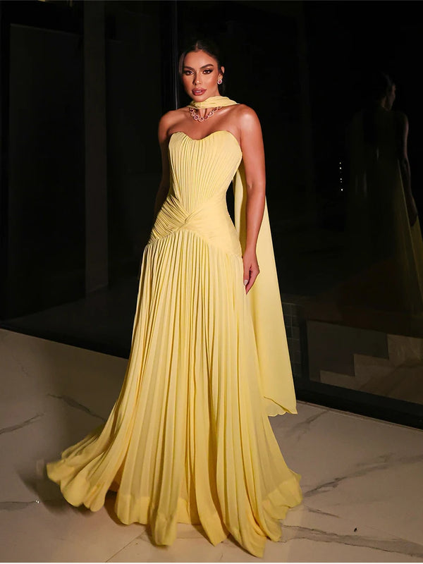 Booma A-Line Pleat Yellow Evening Dresses Sleeveless | SAMAG
