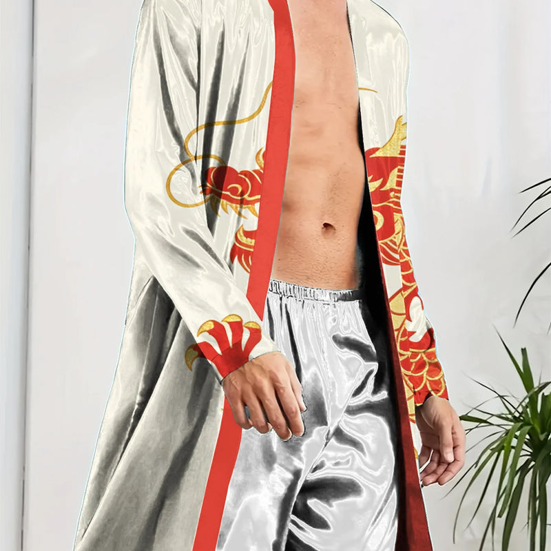Men's Digital Printed Spring and Autumn Thin Style Quick Drying Long Sleeved Summer Air-Conditioned Pajamas Bathrobe