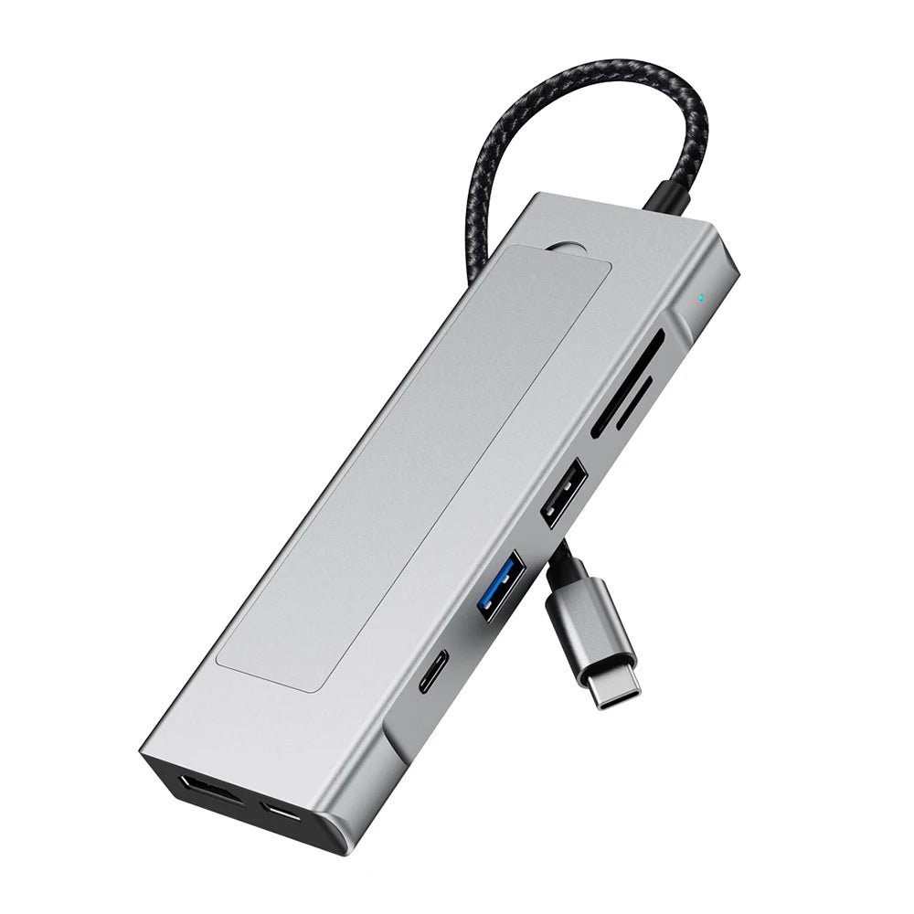 8-in-1 USB Hub M.2 NVMe SATA SSD Enclosure Storage USB3.2 Type-c to HDMI-Compatible Laptop Dock Station USB Adapter For Macbook