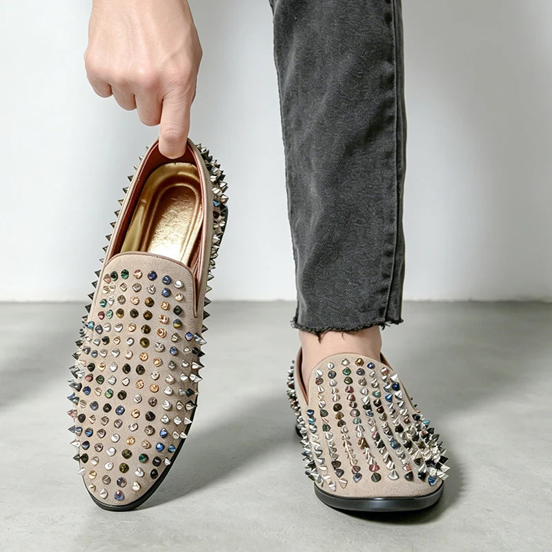 Luxury Fashion Genuine Leather Men’s Dress Shoes Rivet Rhinestone Patchwork Casual Shoes Male Flats Loafers Homecoming Wedding Dress Prom Zapatillas Hombre