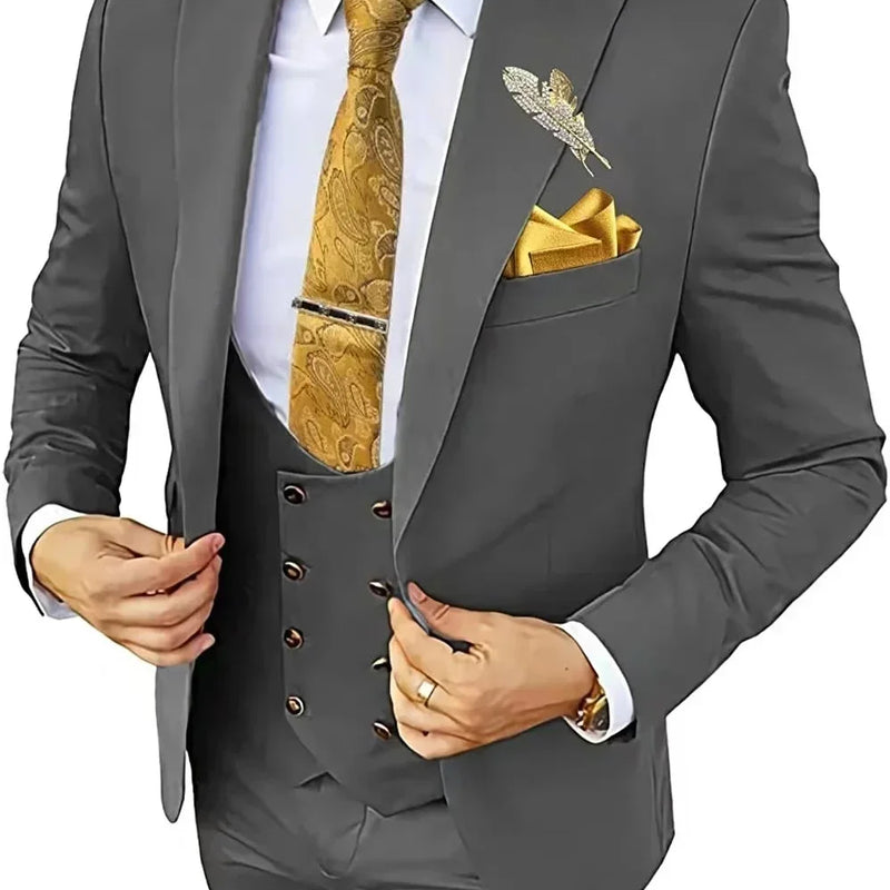 Elegant Male Suit 3 Pieces Blazer Vest And Pants Set Peak Lapel Tuxedo Suits For Men Ceremony Wedding Dresses Business Prom
