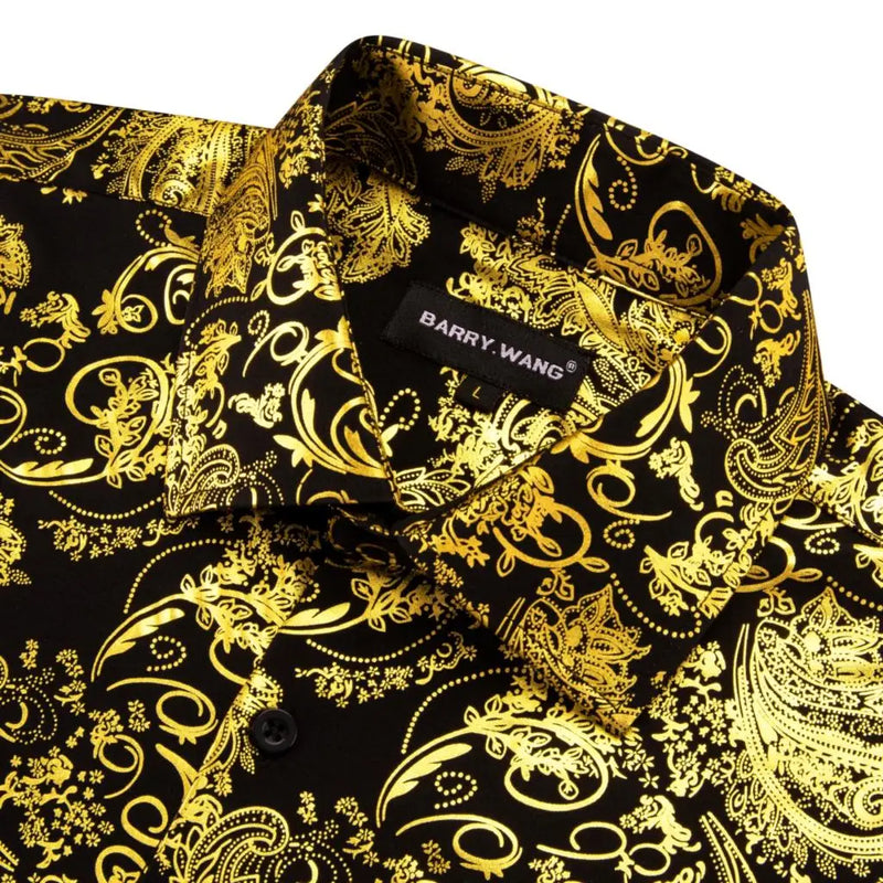Luxury Silk Shirts for Men Long Sleeve Gold Black Floral | SAMAG