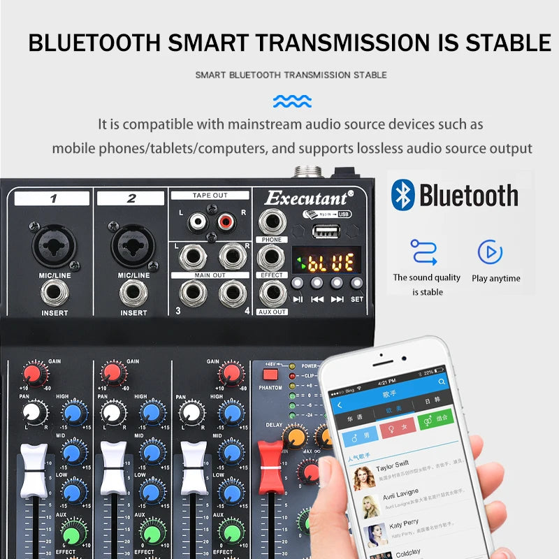 Professional 4-Channel Built-in Bluetooth Reverb Effect Stage Performance Home Mini Sound Mixer Controller