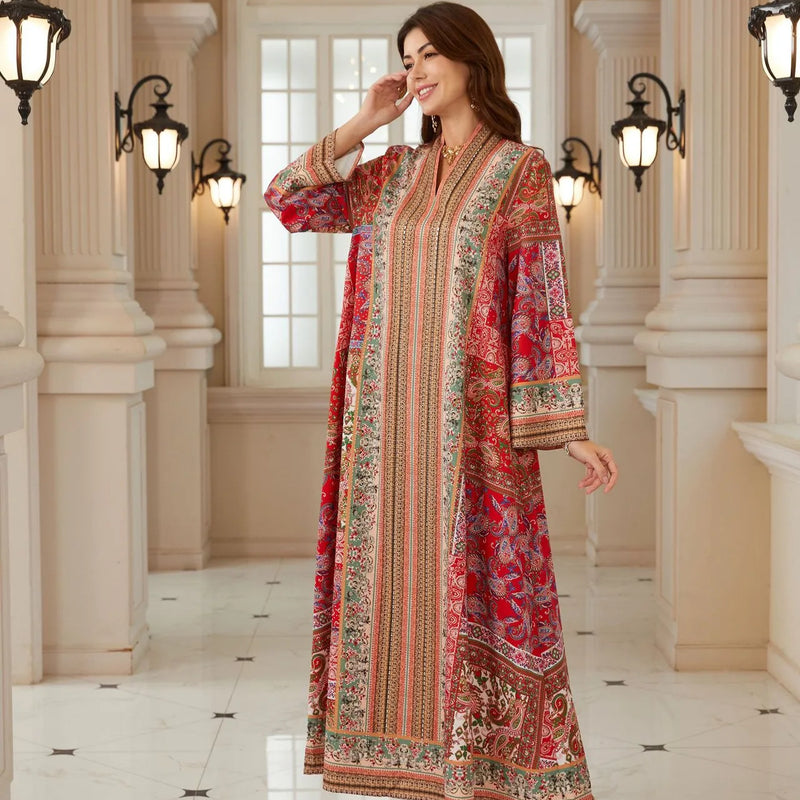 Eid Ramadan Abaya Women Paisley Print Rhinestone Kaftan | SAMAG