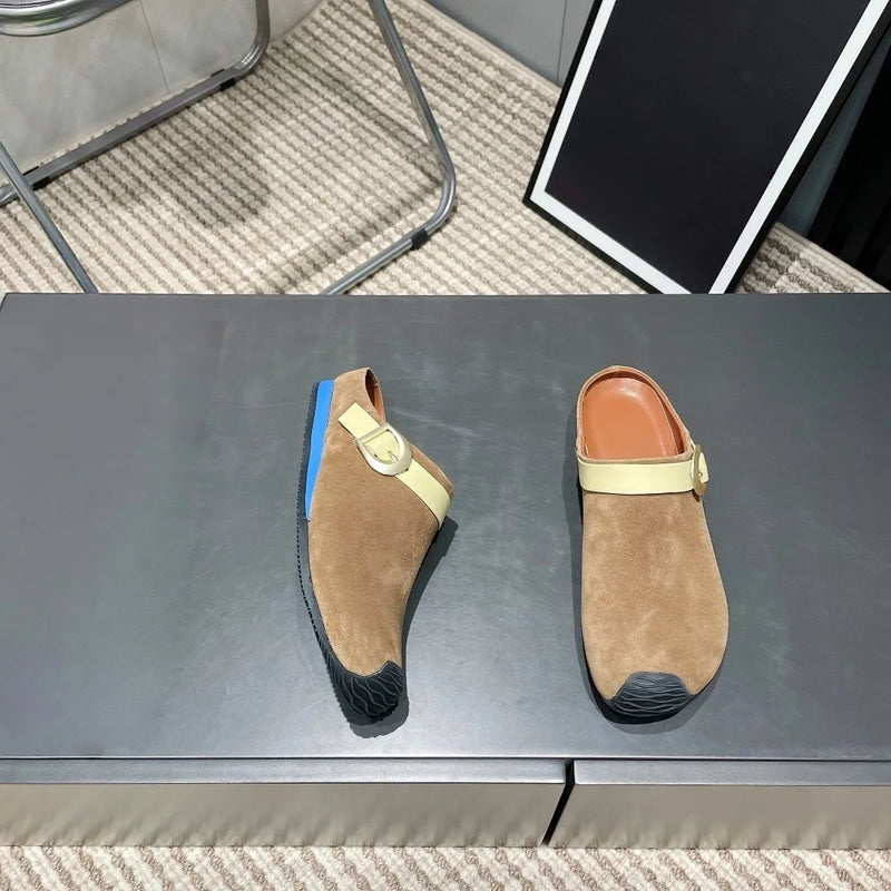 2026 New Arrival Women Mule Clogs Buckle Strap Spliced Leather Flat Backless Slip‑On Casual Slippers--wy87